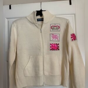 Cream Zip-Up Sweater with Embroidered Patches